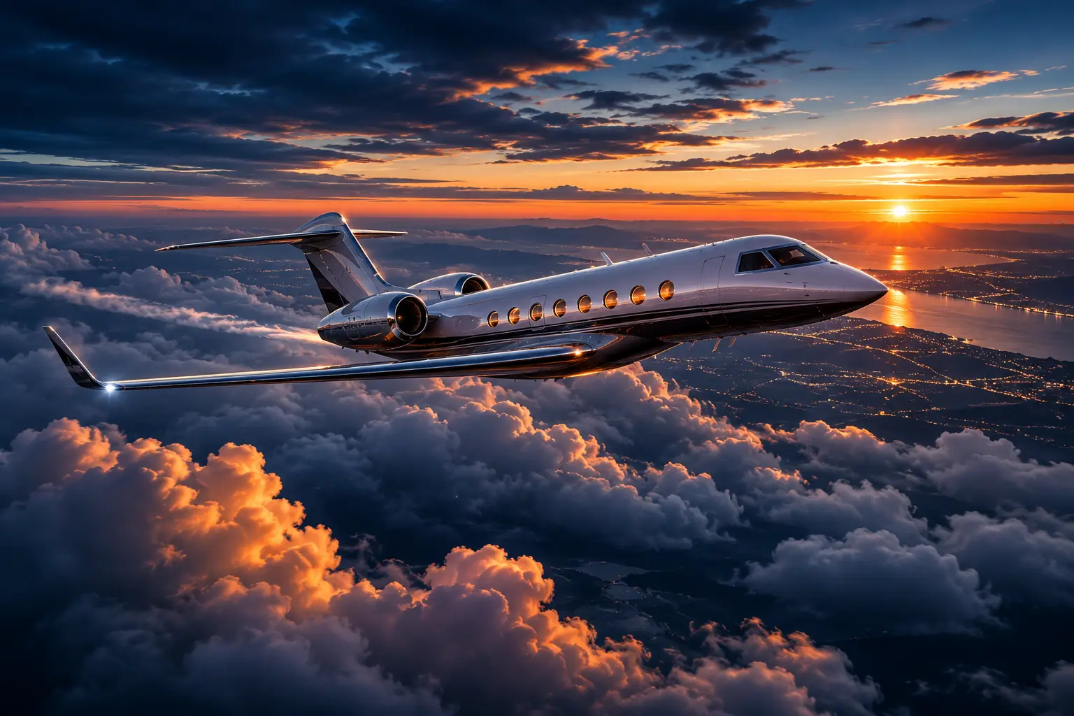 Private jet empty leg flight above clouds