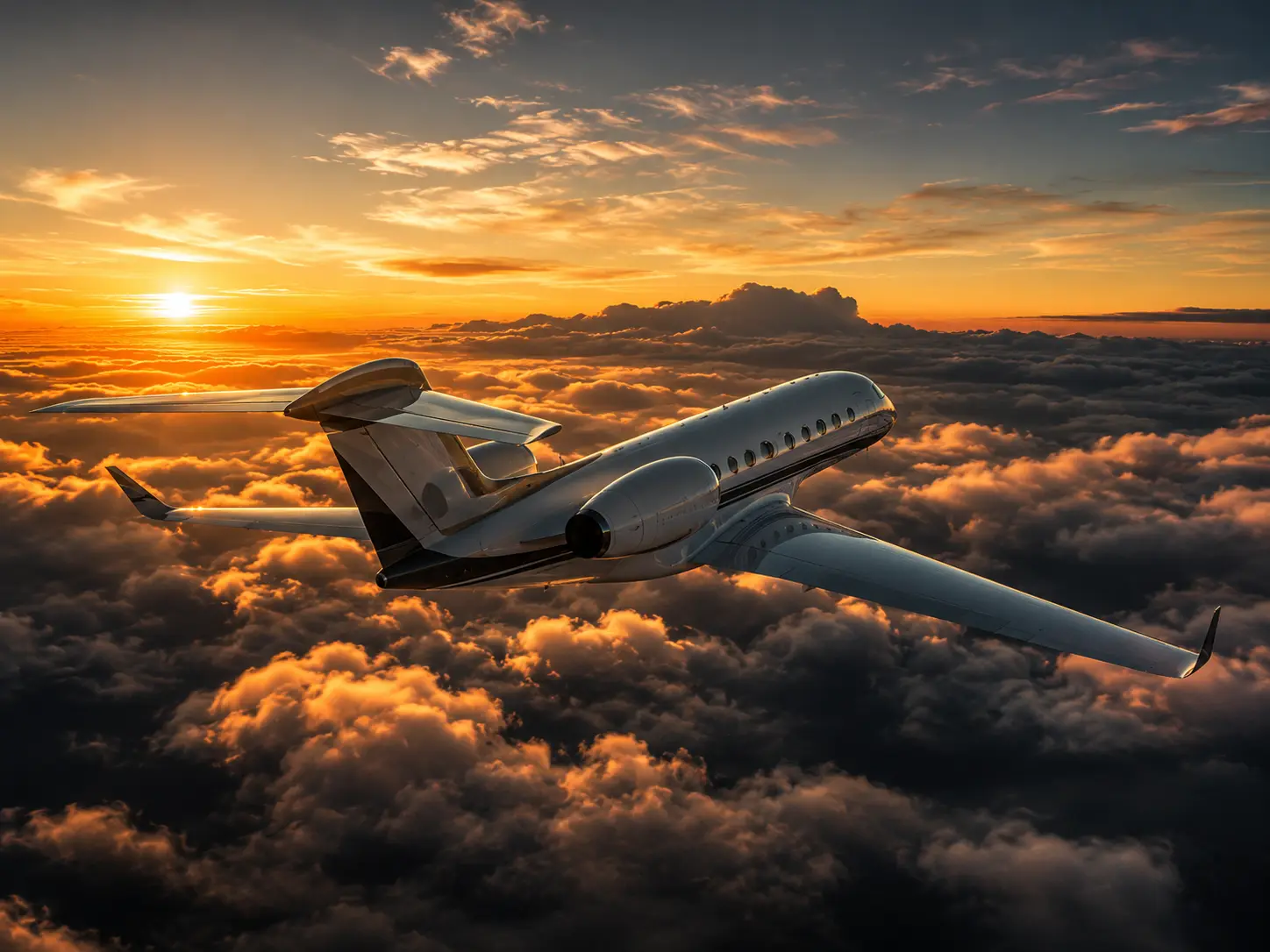 Private jet in flight through cinematic clouds at altitude